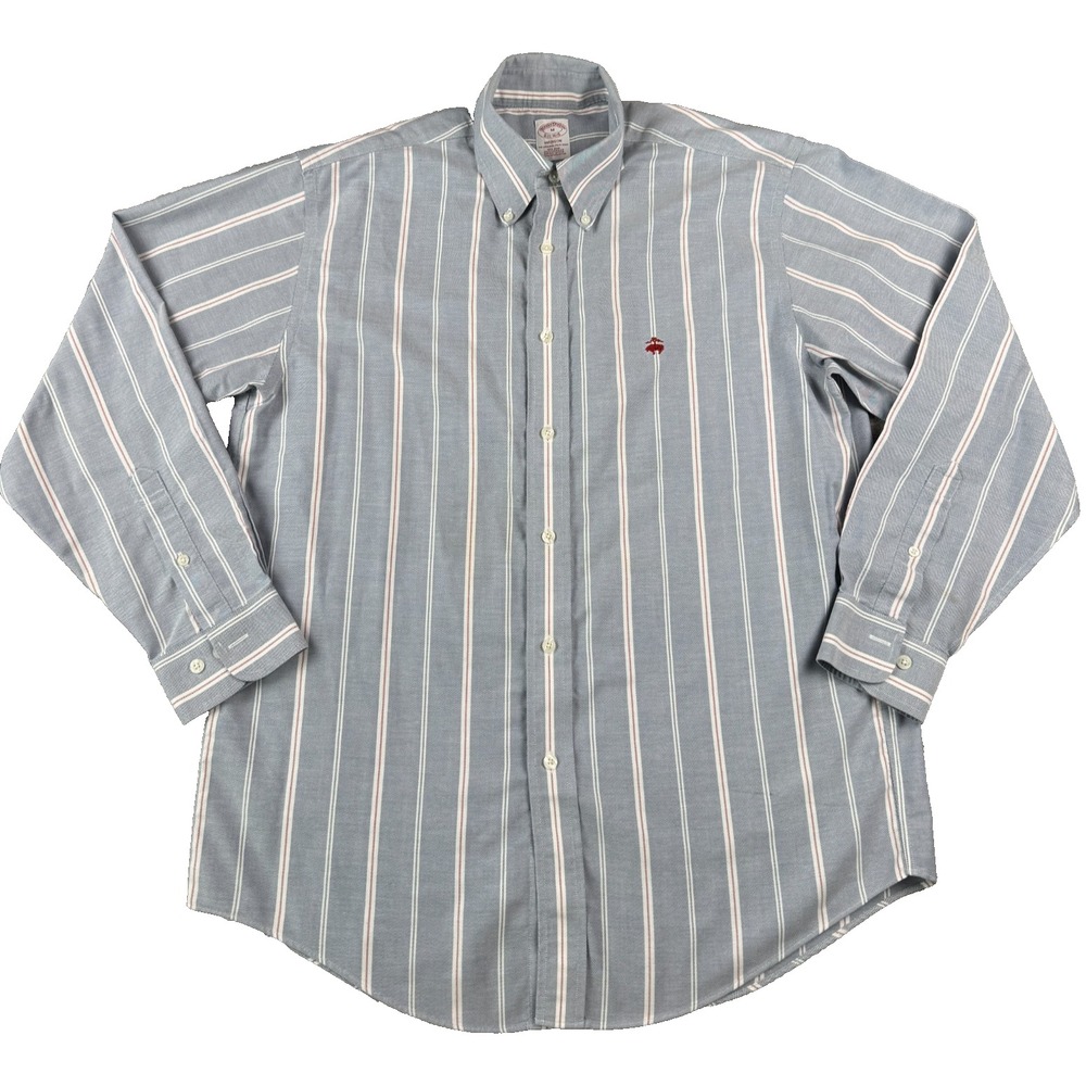Brooks Brothers Men's Oxford Shirt Medium Blue Striped Madison Non-Iron